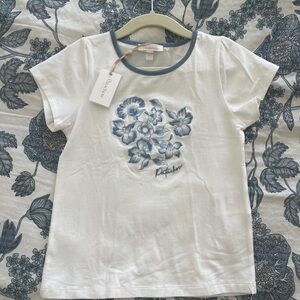 Patachou Girls' White Tee with Blue Floral Embroidery